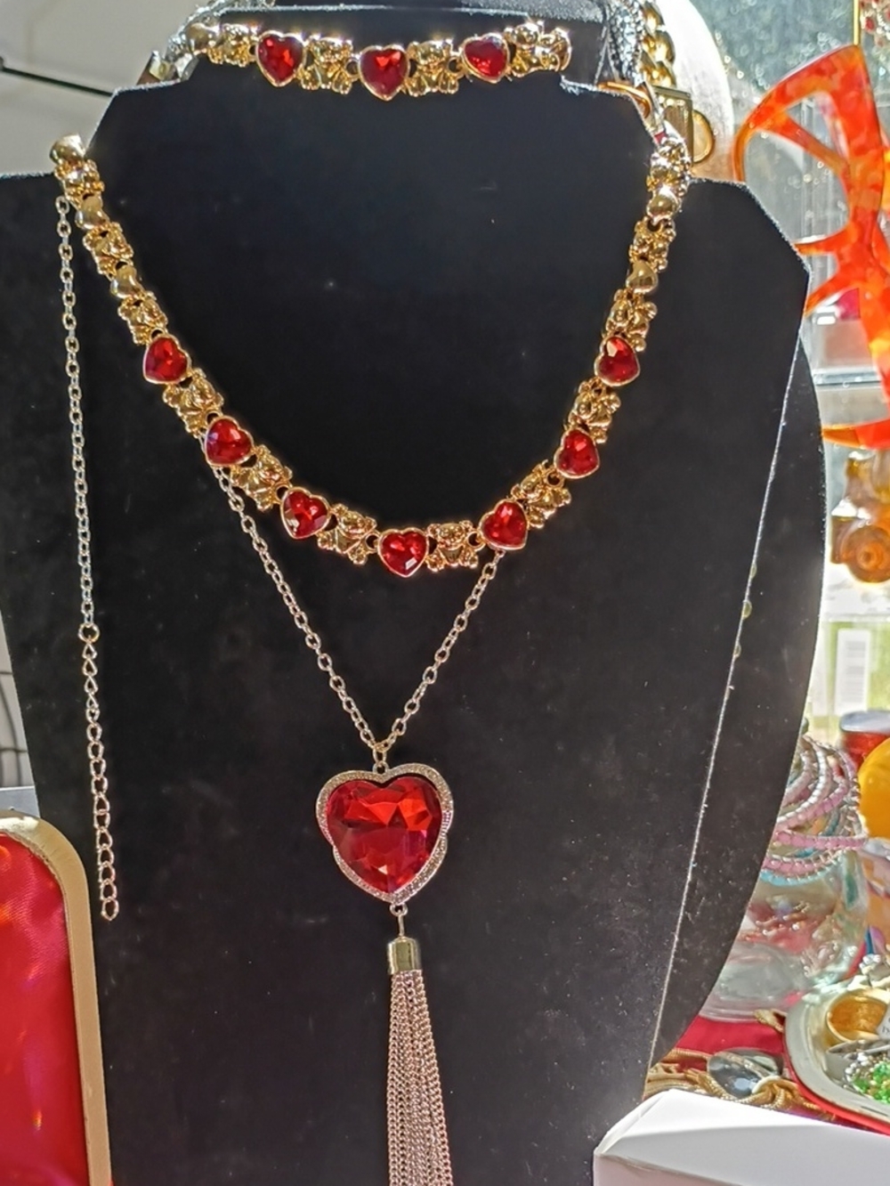 Gold-Tone Red Heart Pendant Necklace Set - Brand